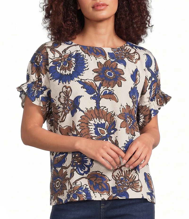 Tru Luxe Jeans Dobby Floral Print Scoop Neck Short Sleeve Popover