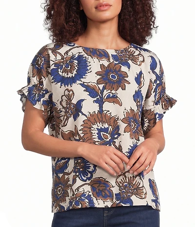 Tru Luxe Jeans Dobby Floral Print Scoop Neck Short Sleeve Popover