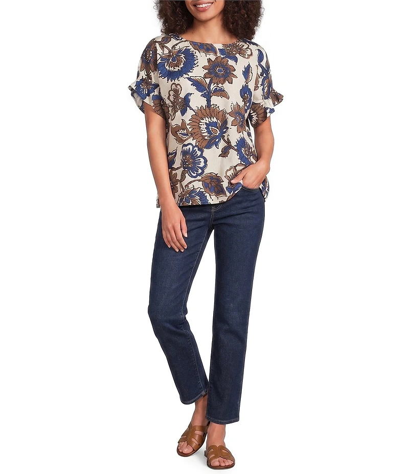 Tru Luxe Jeans Dobby Floral Print Scoop Neck Short Sleeve Popover