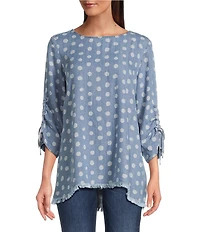 Tru Luxe Jeans Dot Printed Chambray Scoop Neck 3/4 Sleeve Lace-Up Top