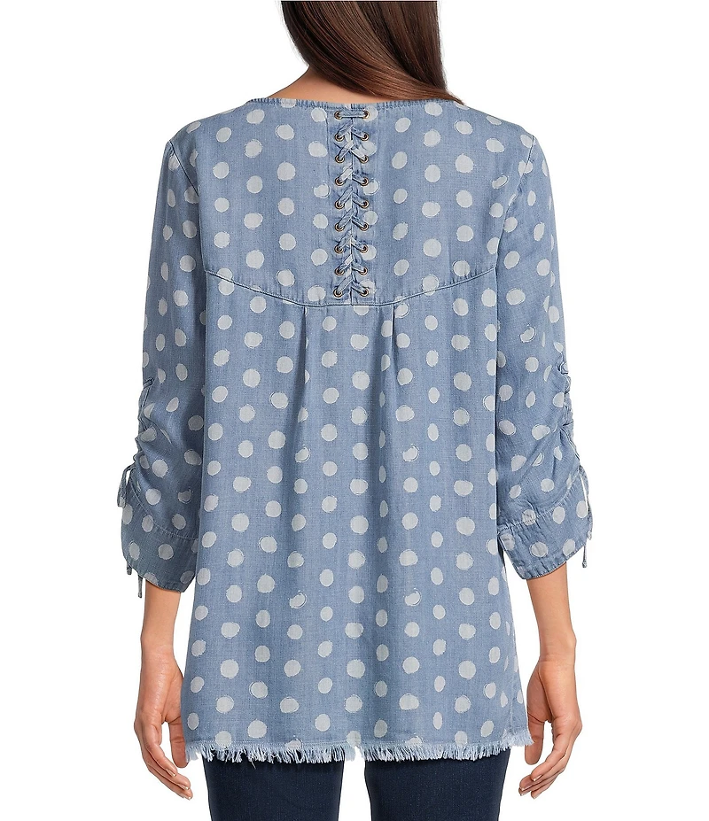 Tru Luxe Jeans Dot Printed Chambray Scoop Neck 3/4 Sleeve Lace-Up Top