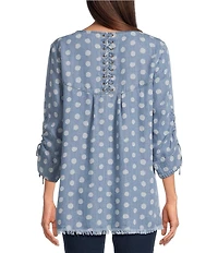 Tru Luxe Jeans Dot Printed Chambray Scoop Neck 3/4 Sleeve Lace-Up Top