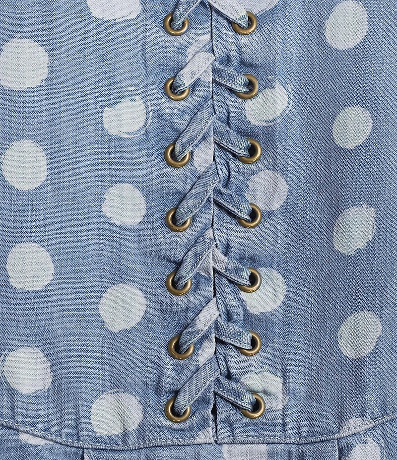 Tru Luxe Jeans Dot Printed Chambray Scoop Neck 3/4 Sleeve Lace-Up Top
