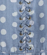 Tru Luxe Jeans Dot Printed Chambray Scoop Neck 3/4 Sleeve Lace-Up Top