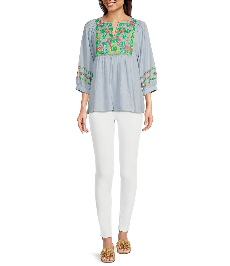Tru Luxe Jeans Embroidered Split V-Neck 3/4 Sleeve Popover Top