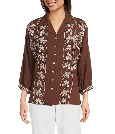Tru Luxe Jeans Embroidered 3/4 Dolman Sleeve Button Front Shirt
