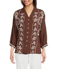 Tru Luxe Jeans Embroidered 3/4 Dolman Sleeve Button Front Shirt