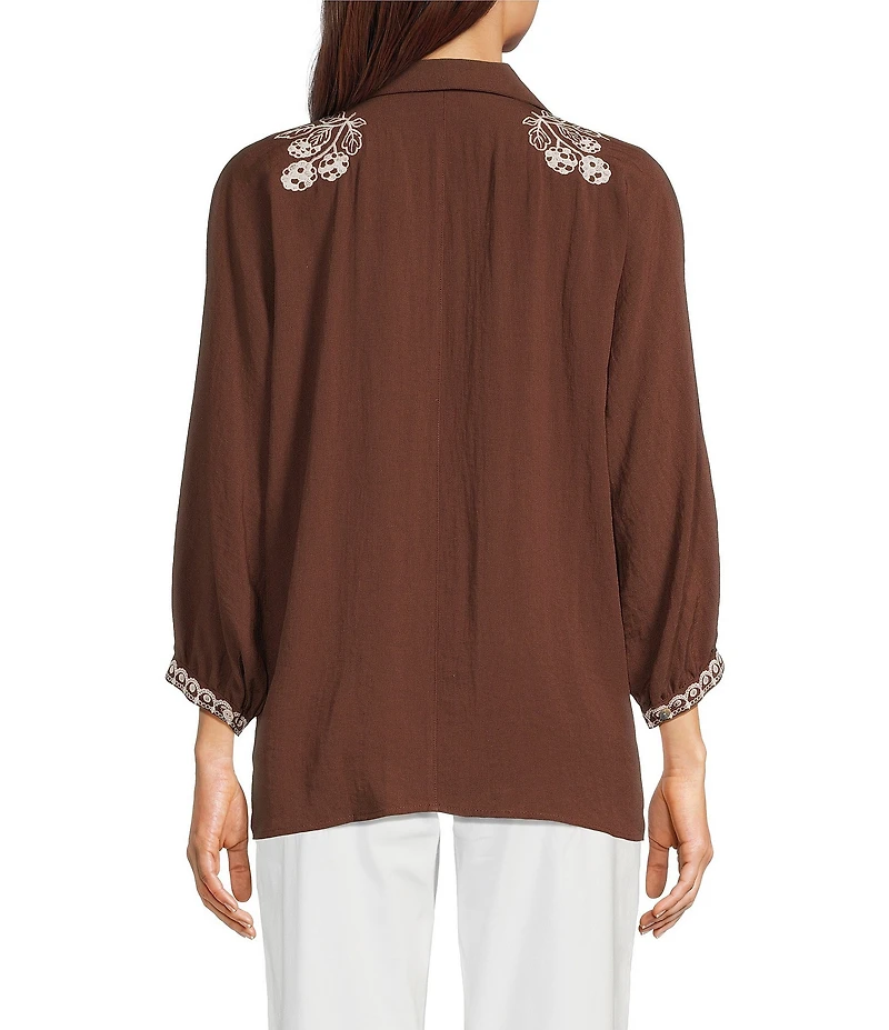 Tru Luxe Jeans Embroidered 3/4 Dolman Sleeve Button Front Shirt