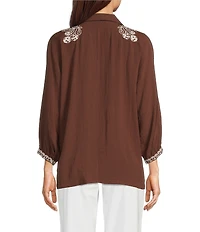 Tru Luxe Jeans Embroidered 3/4 Dolman Sleeve Button Front Shirt