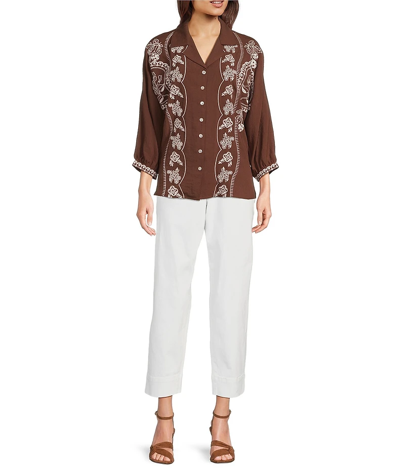 Tru Luxe Jeans Embroidered 3/4 Dolman Sleeve Button Front Shirt