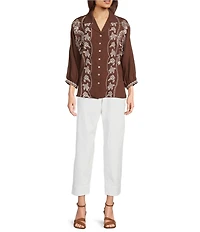 Tru Luxe Jeans Embroidered 3/4 Dolman Sleeve Button Front Shirt