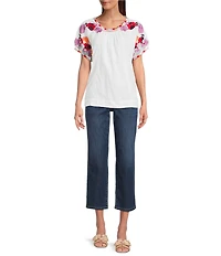 Tru Luxe Jeans Embroidered Batteau Neck Short Sleeve Top