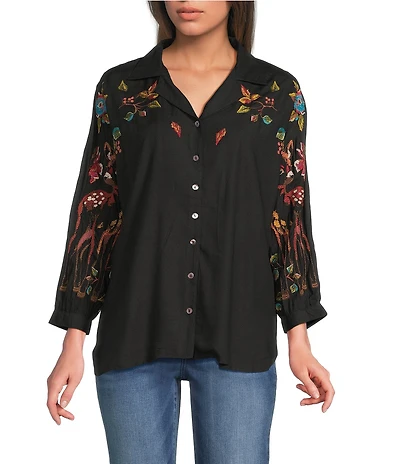 Tru Luxe Jeans Embroidered Point Collar 3/4 Dolman Sleeve Button Front Shirt