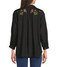 Tru Luxe Jeans Embroidered Point Collar 3/4 Dolman Sleeve Button Front Shirt