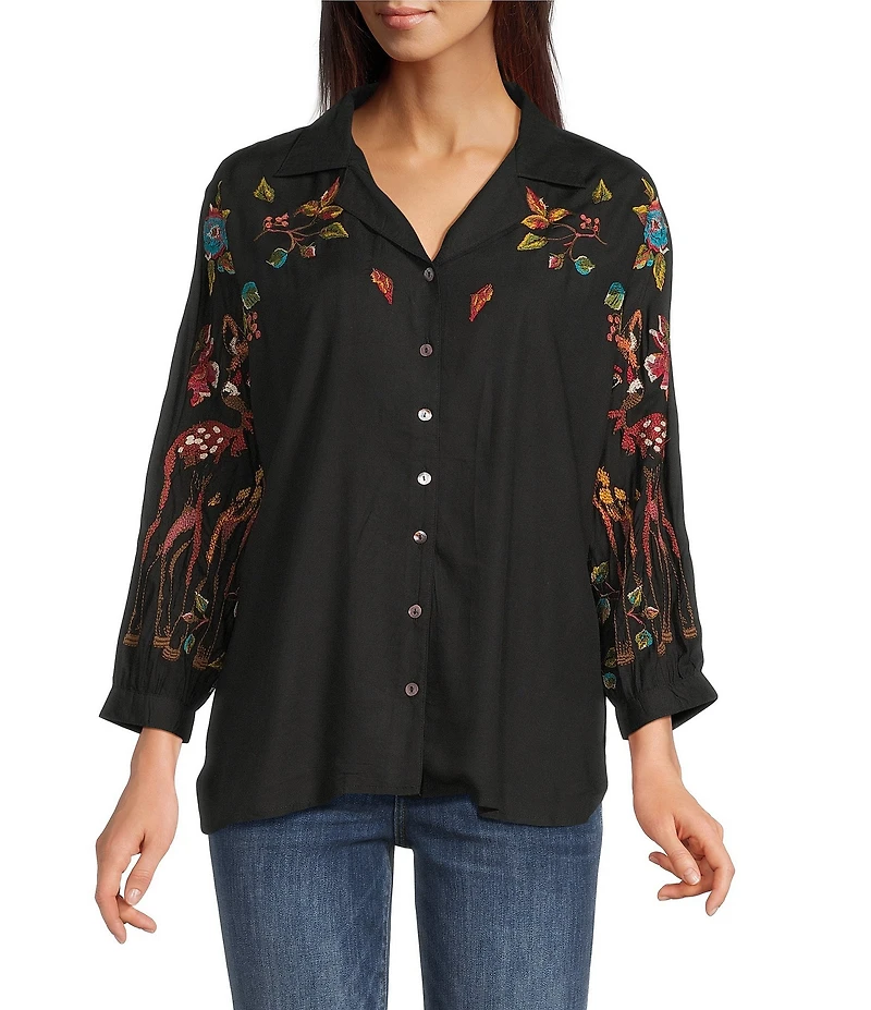 Tru Luxe Jeans Embroidered Point Collar 3/4 Dolman Sleeve Button Front Shirt