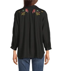 Tru Luxe Jeans Embroidered Point Collar 3/4 Dolman Sleeve Button Front Shirt