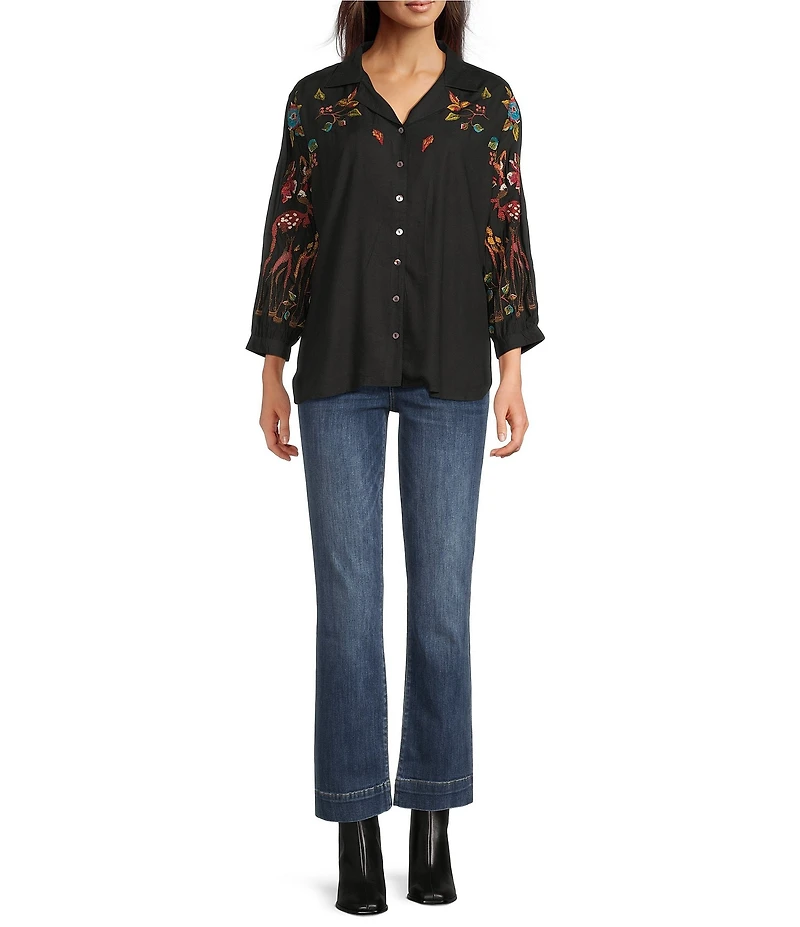 Tru Luxe Jeans Embroidered Point Collar 3/4 Dolman Sleeve Button Front Shirt