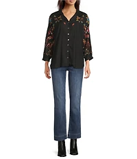Tru Luxe Jeans Embroidered Point Collar 3/4 Dolman Sleeve Button Front Shirt