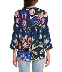 Tru Luxe Jeans Floral Crinkle Embroidered Trim Split Neck 3/4 Sleeve Top