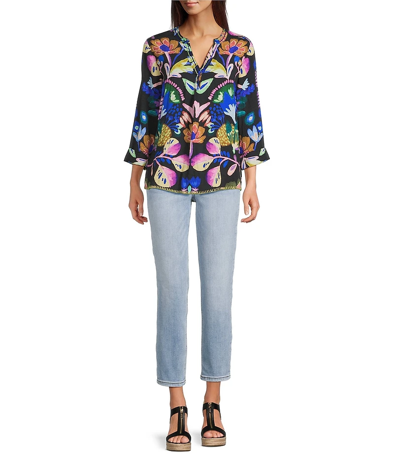 Tru Luxe Jeans Floral Crinkle Embroidered Trim Split Neck 3/4 Sleeve Top