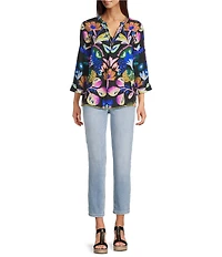Tru Luxe Jeans Floral Crinkle Embroidered Trim Split Neck 3/4 Sleeve Top