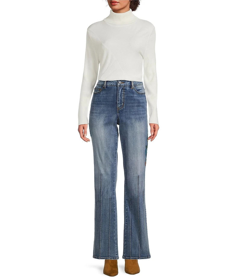 Tru Luxe Jeans Floral Embroidered Pintucked Bootcut Jeans