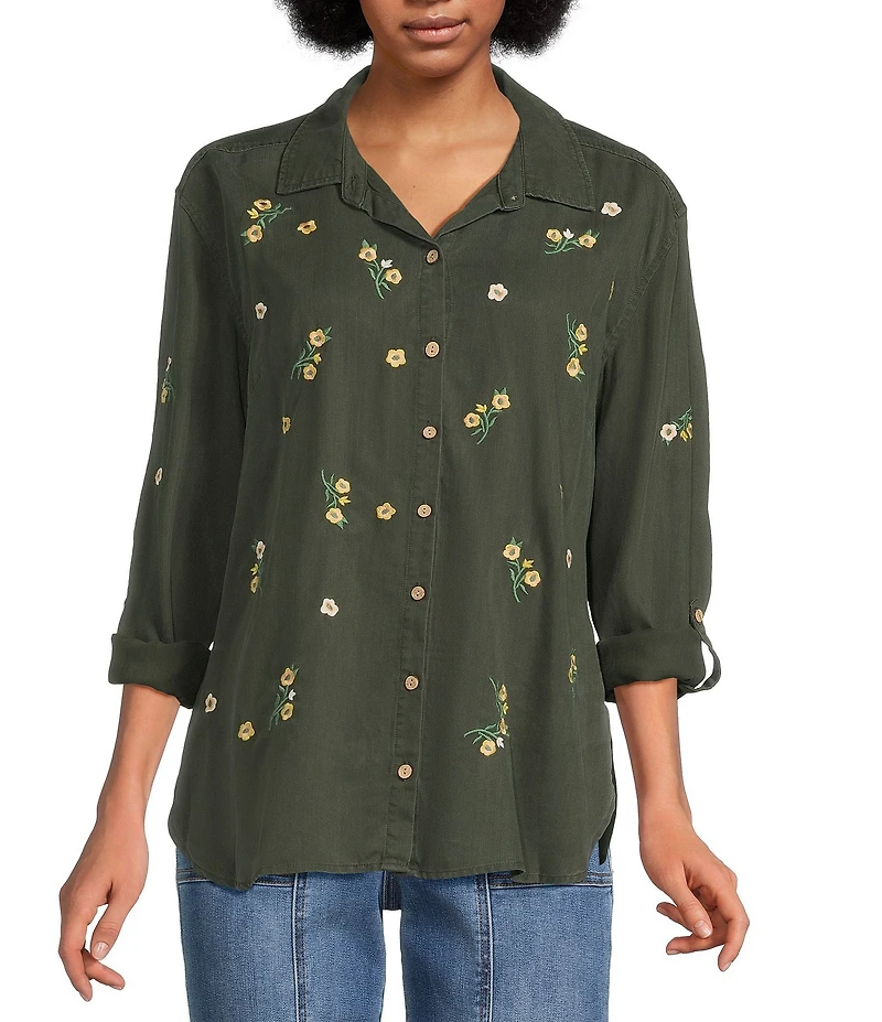 Tru Luxe Jeans Floral Embroidered Point Collar Roll Tab Sleeve Button Front Shirt