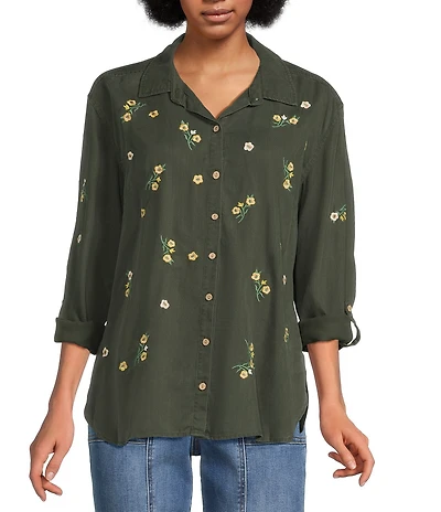 Tru Luxe Jeans Floral Embroidered Point Collar Roll Tab Sleeve Button Front Shirt