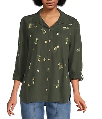 Tru Luxe Jeans Floral Embroidered Point Collar Roll Tab Sleeve Button Front Shirt