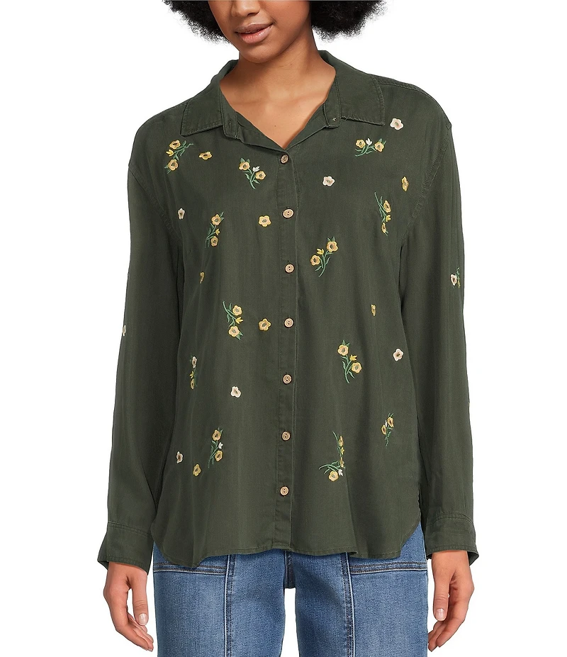 Tru Luxe Jeans Floral Embroidered Point Collar Roll Tab Sleeve Button Front Shirt