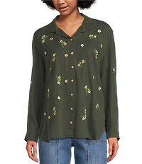 Tru Luxe Jeans Floral Embroidered Point Collar Roll Tab Sleeve Button Front Shirt