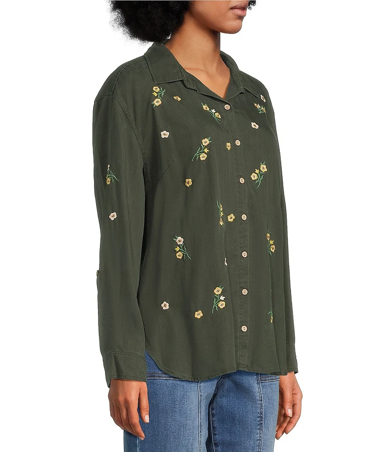 Tru Luxe Jeans Floral Embroidered Point Collar Roll Tab Sleeve Button Front Shirt