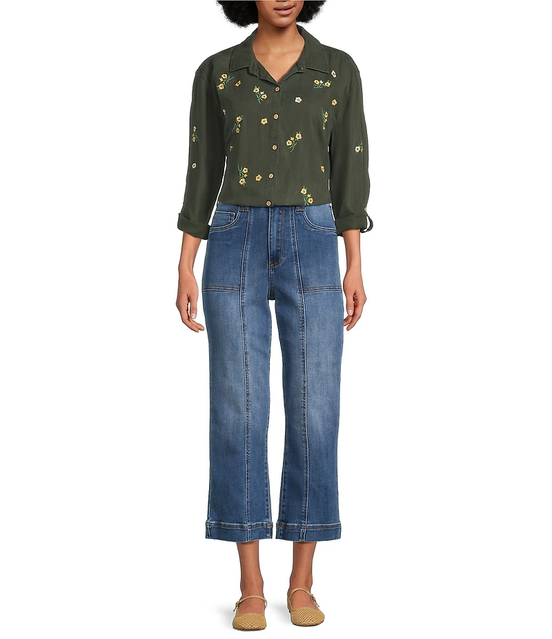 Tru Luxe Jeans Floral Embroidered Point Collar Roll Tab Sleeve Button Front Shirt