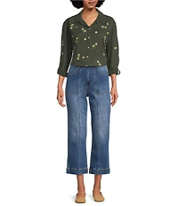 Tru Luxe Jeans Floral Embroidered Point Collar Roll Tab Sleeve Button Front Shirt