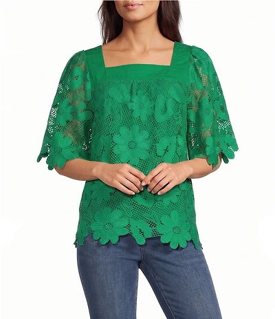 Tru Luxe Jeans Floral Lace Square Neck Short Sleeve Top