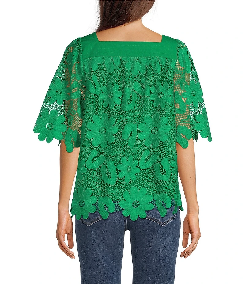 Tru Luxe Jeans Floral Lace Square Neck Short Sleeve Top