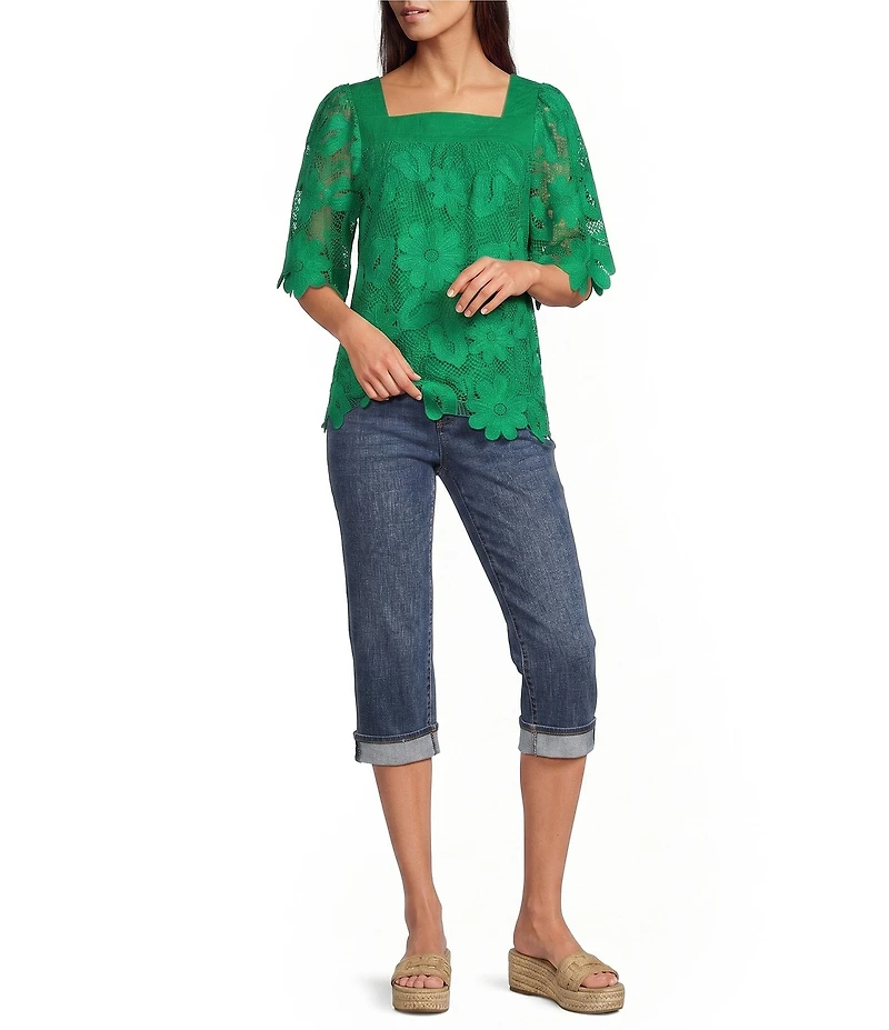 Tru Luxe Jeans Floral Lace Square Neck Short Sleeve Top