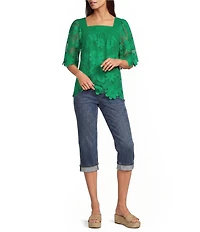 Tru Luxe Jeans Floral Lace Square Neck Short Sleeve Top