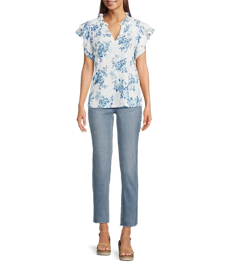 Tru Luxe Jeans Floral Linen Blend Ruffle Split V-Neck Flutter Sleeve Blouse
