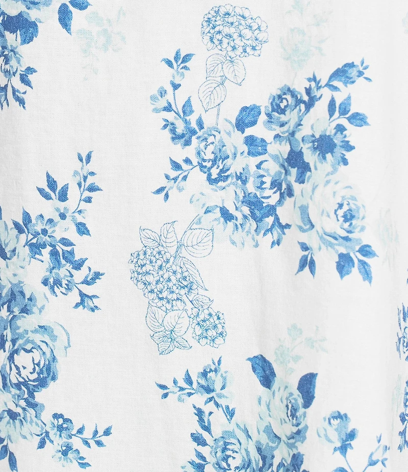 Tru Luxe Jeans Floral Linen Blend Ruffle Split V-Neck Flutter Sleeve Blouse