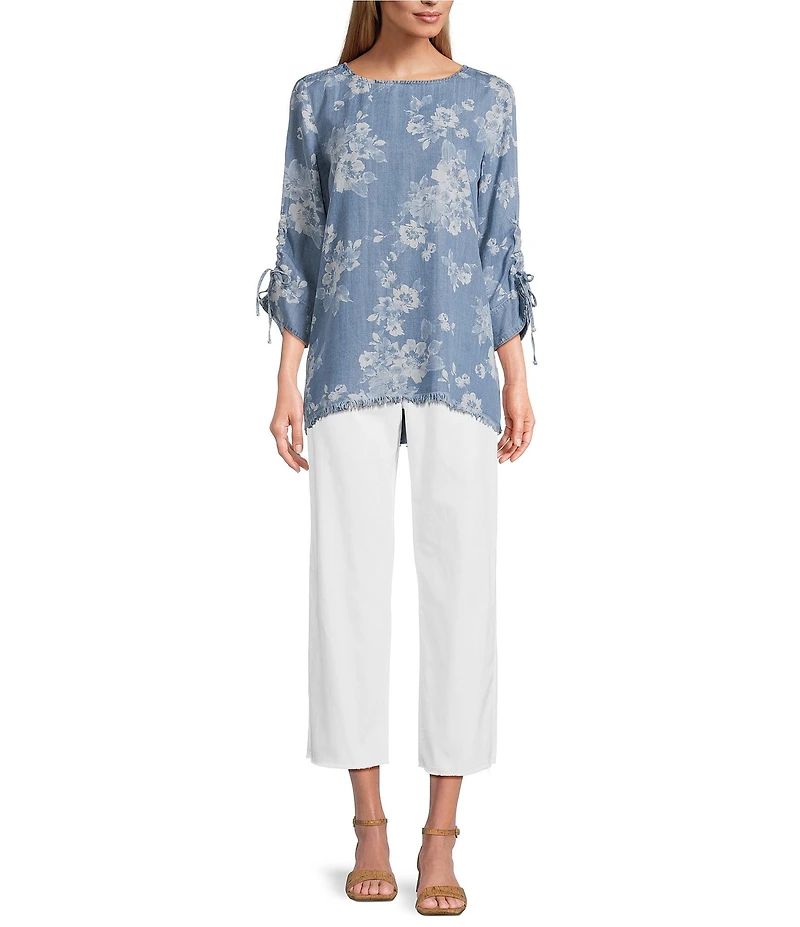 Tru Luxe Jeans Floral Printed Chambray Scoop Neck 3/4 Sleeve Lace-Up Top