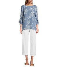 Tru Luxe Jeans Floral Printed Chambray Scoop Neck 3/4 Sleeve Lace-Up Top