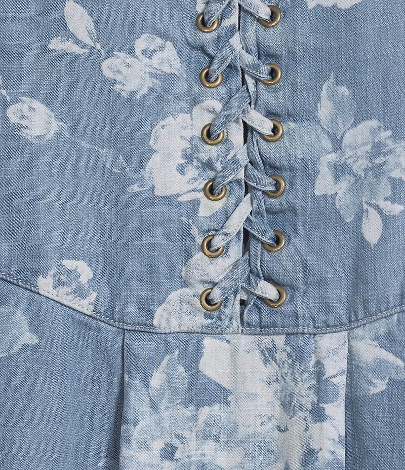 Tru Luxe Jeans Floral Printed Chambray Scoop Neck 3/4 Sleeve Lace-Up Top