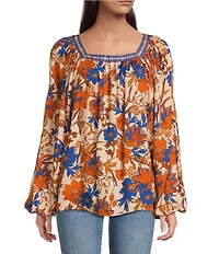 Tru Luxe Jeans Floral Square Neck Long Sleeve Peasant Top