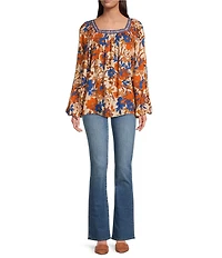 Tru Luxe Jeans Floral Square Neck Long Sleeve Peasant Top