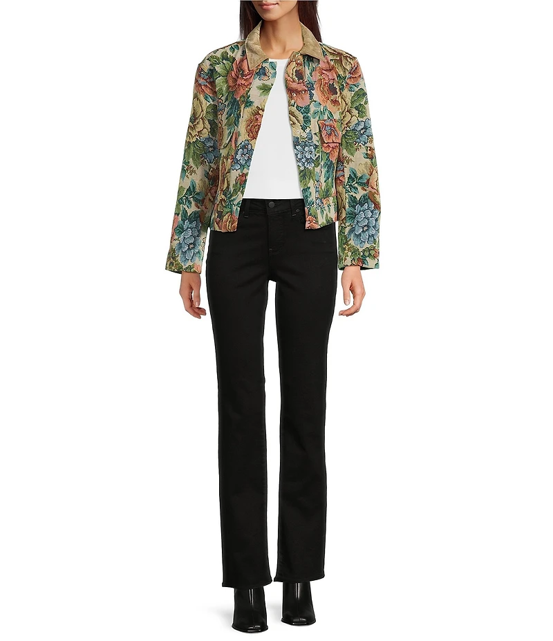 Tru Luxe Jeans Floral Tapestry Point Collar Long Sleeve Velvet Trimmed Jacket