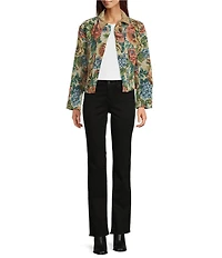 Tru Luxe Jeans Floral Tapestry Point Collar Long Sleeve Velvet Trimmed Jacket