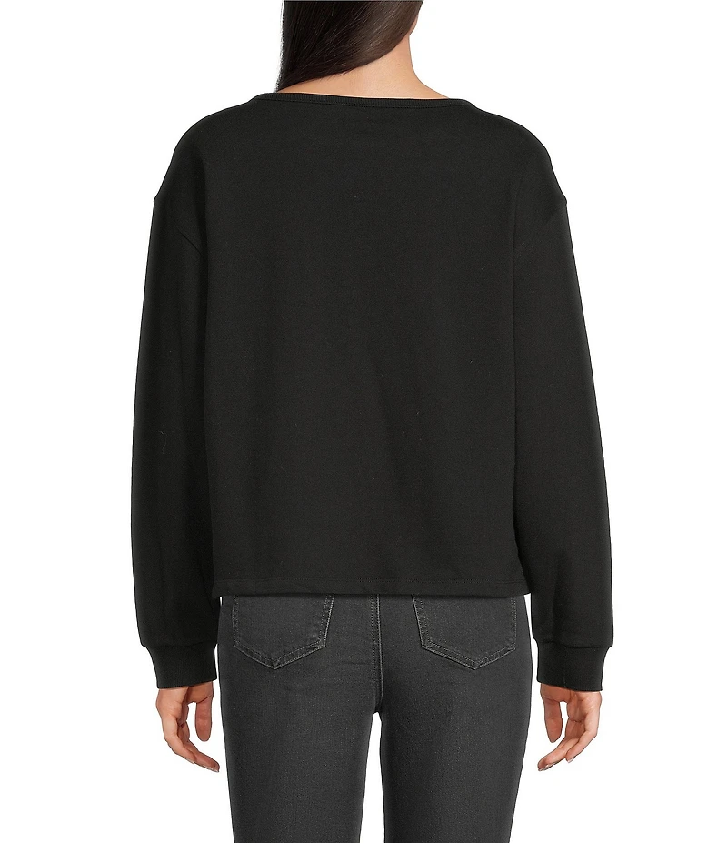 Tru Luxe Jeans French Terry Beaded 3D Flower Applique Crew Neck Long Sleeve Top