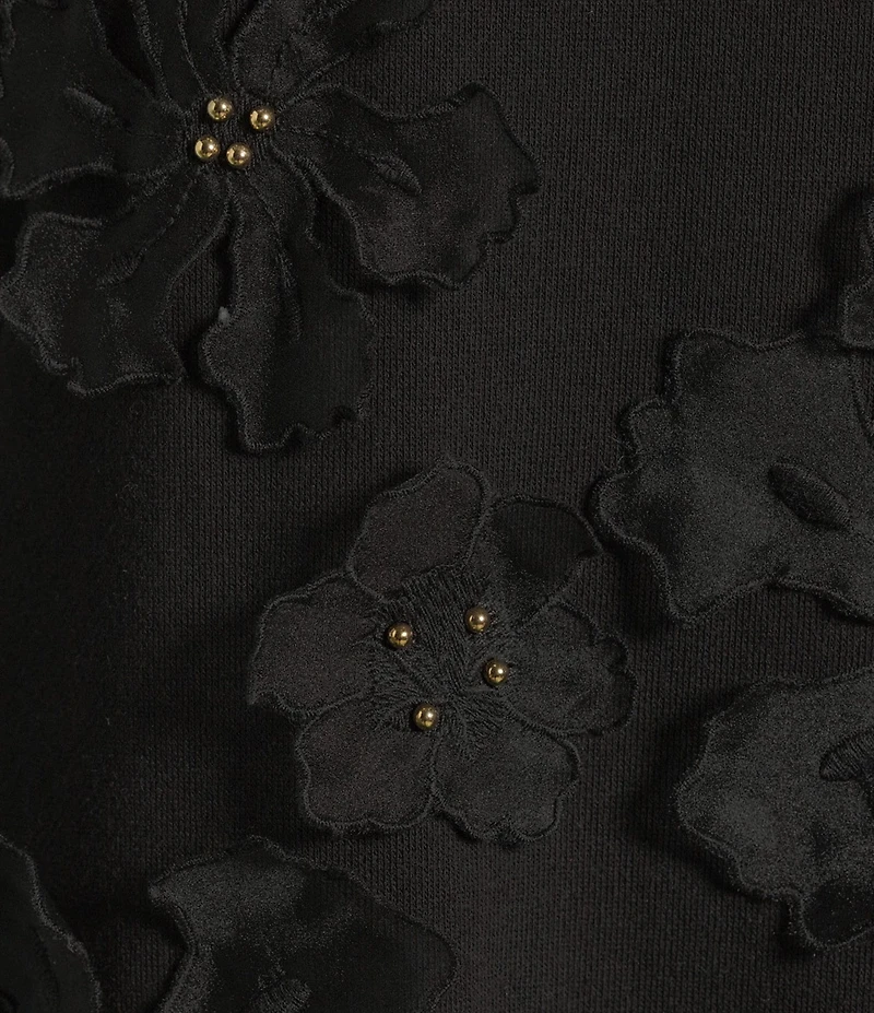 Tru Luxe Jeans French Terry Beaded 3D Flower Applique Crew Neck Long Sleeve Top