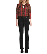 Tru Luxe Jeans Holiday Plaid 3-D Flower Applique Tie Neck Bracelet Sleeve Top